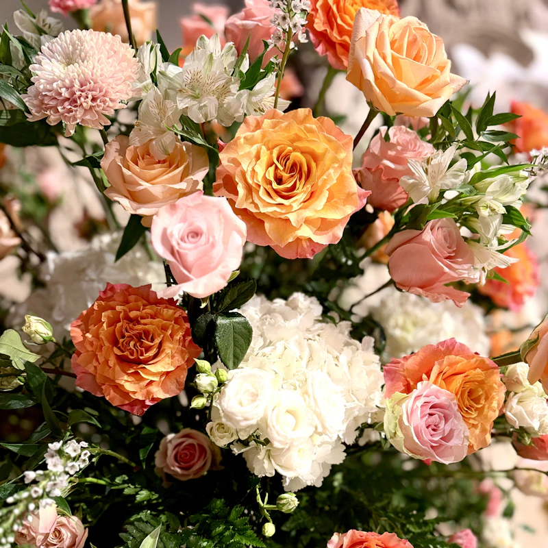 An arrangement of roses and hydrangeas