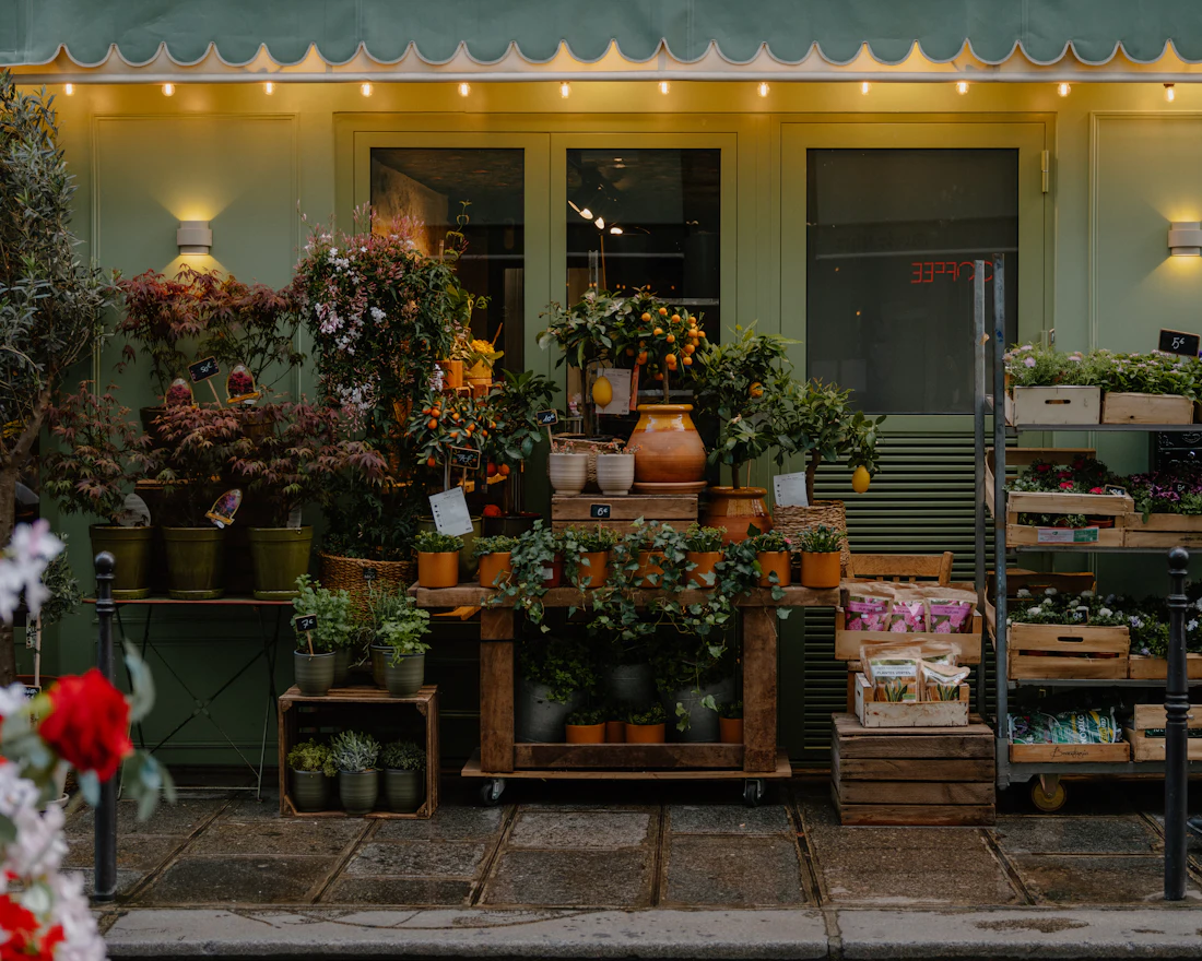 The flower shop front filled with plants and blooms